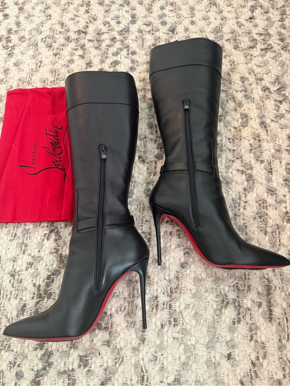 Christian Louboutin Black Leather Knee-High Stiletto Boots with Red Sole